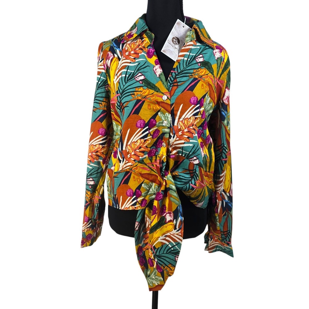 Panama Jack‎ Womens Small Tropical Floral Linen Blend Front Tie Button Shirt NEW
